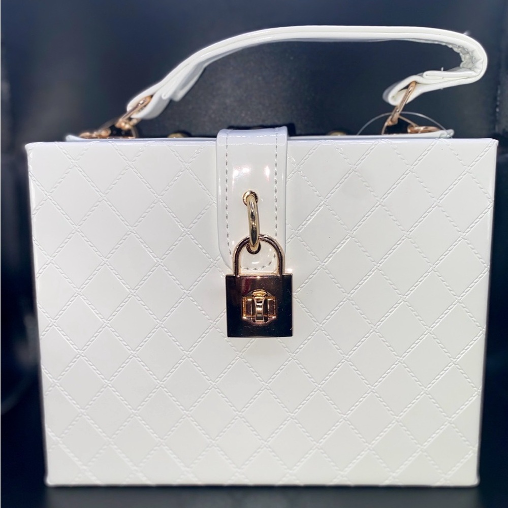 Quilted White Box Handbag with Gold Lock (also available in black)
